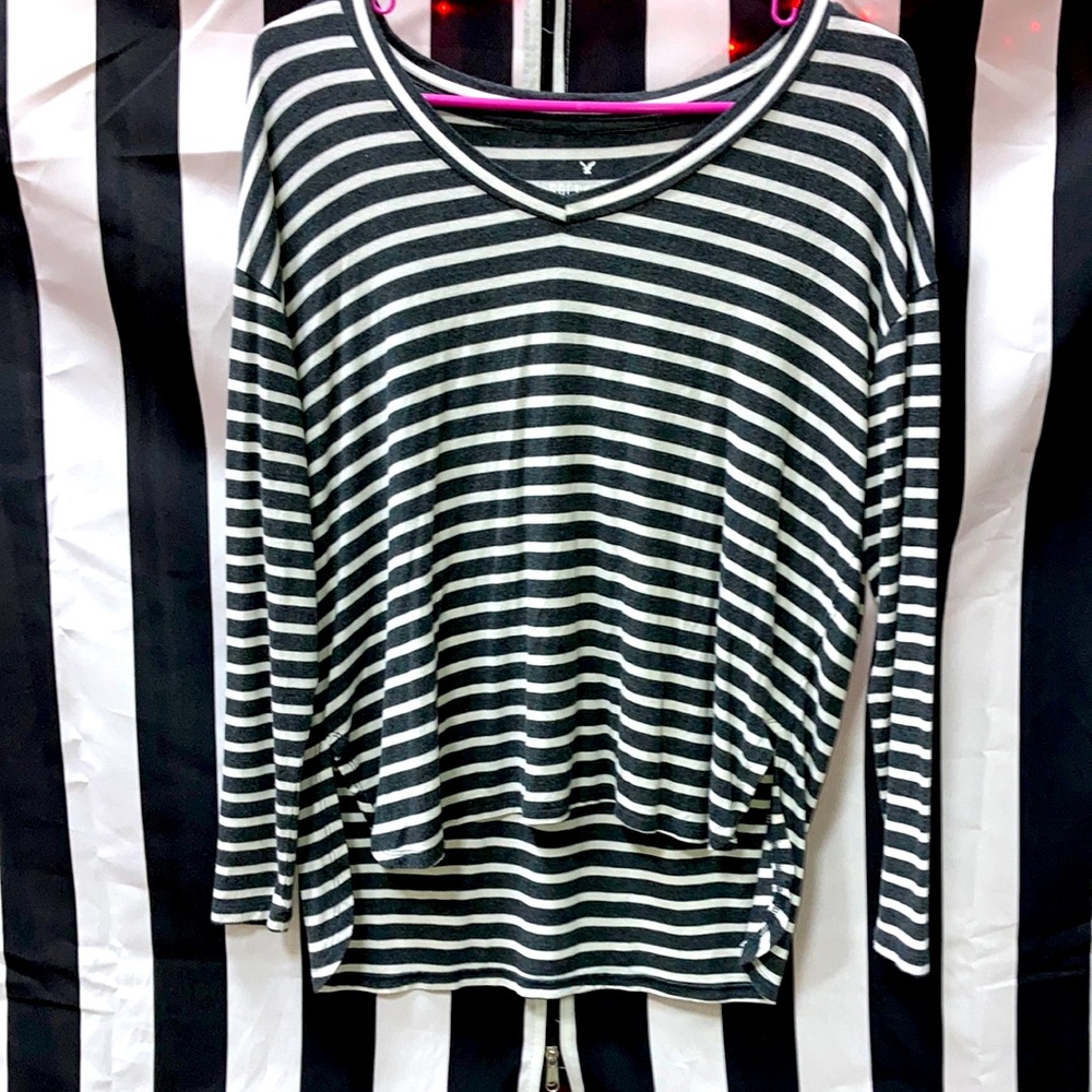 Grey and white striped long sleeve t-shirt